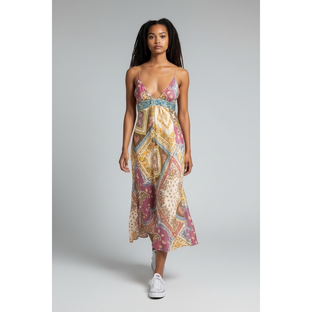 Nicole Miller Studio Silk Dress Womens 10 Pink Paisley Patchwork Boho Y2K Sequin